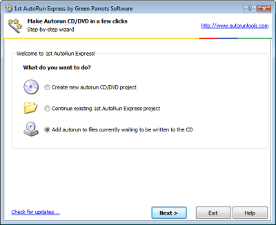 1st AutoRun Express Welcome page: Option to add autorun to files currently waiting to be written to the CD. Click to enlarge...