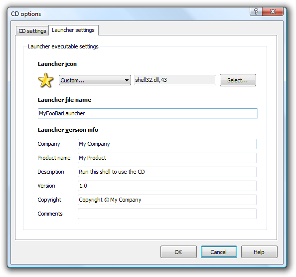 Specifying custom file name, icon and version information for the autorun launcher program in the CD options dialog.