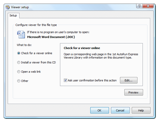 Setup action for DOC files if no software (e.g. Word or Word viewer) will be found on user's computer to open them